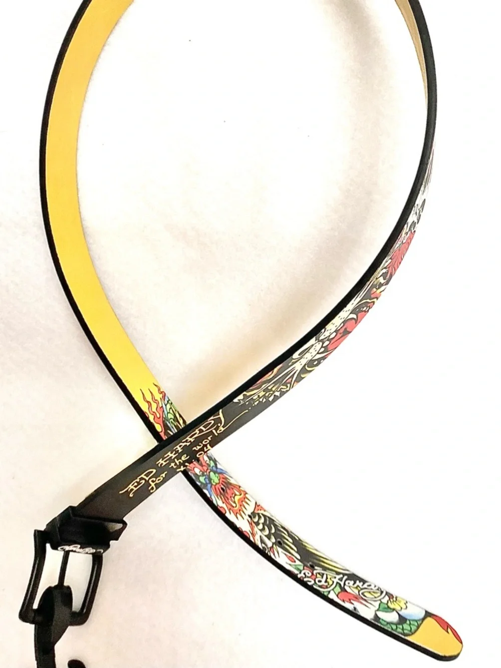 Ed Hardy Reversible Mens Belt 36 Tattoo Graphic Black Yellow Dragon Buckle NWT